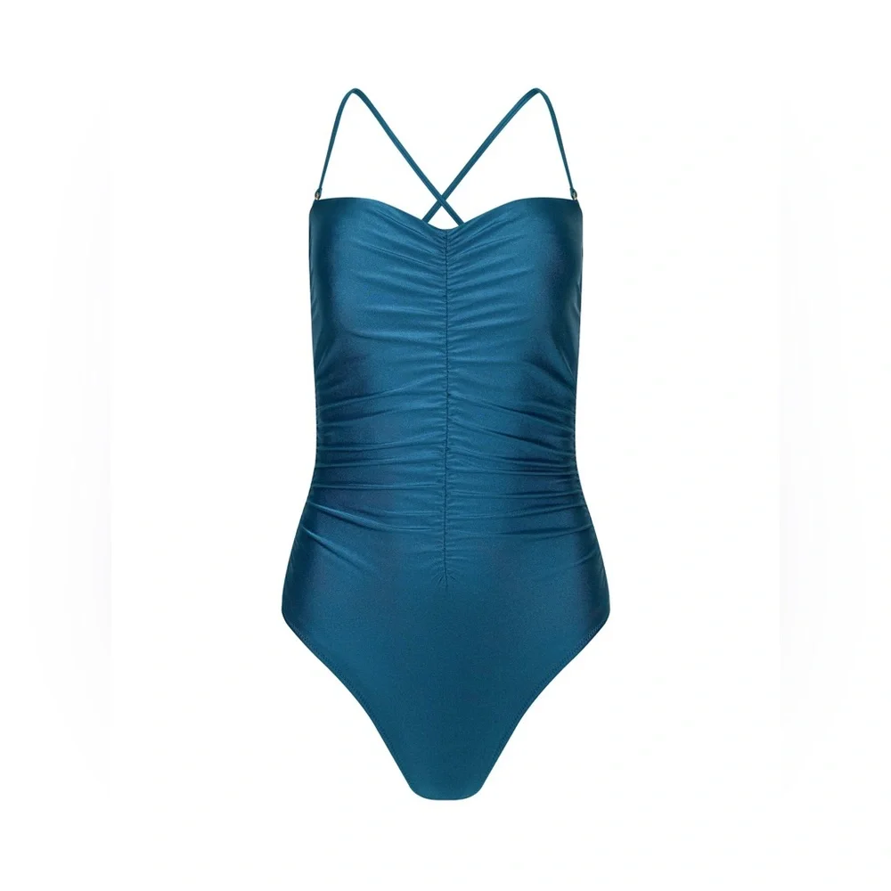 L’AGENCE Aubrey Ruched One-Piece Swimsuit, Size Small, VIRDIAN, $225